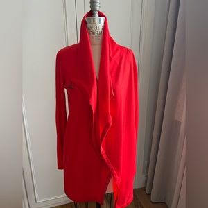 Helmut Lang hot red 100% wool jersey cardigan. Lamb leather piping. Size Medium.